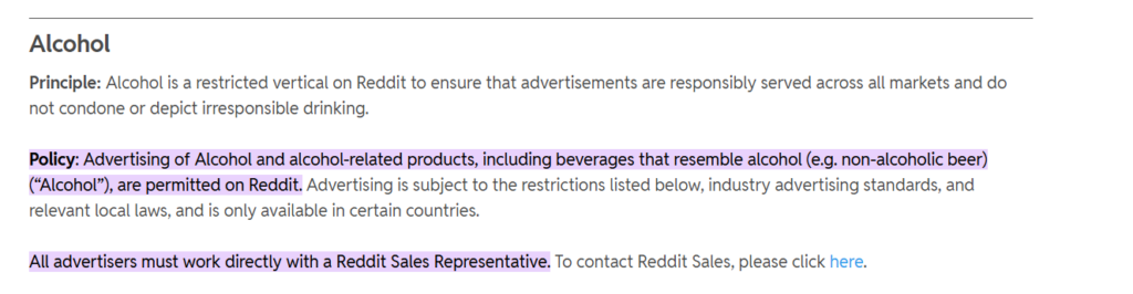 Reddit's ad policy about alcohol